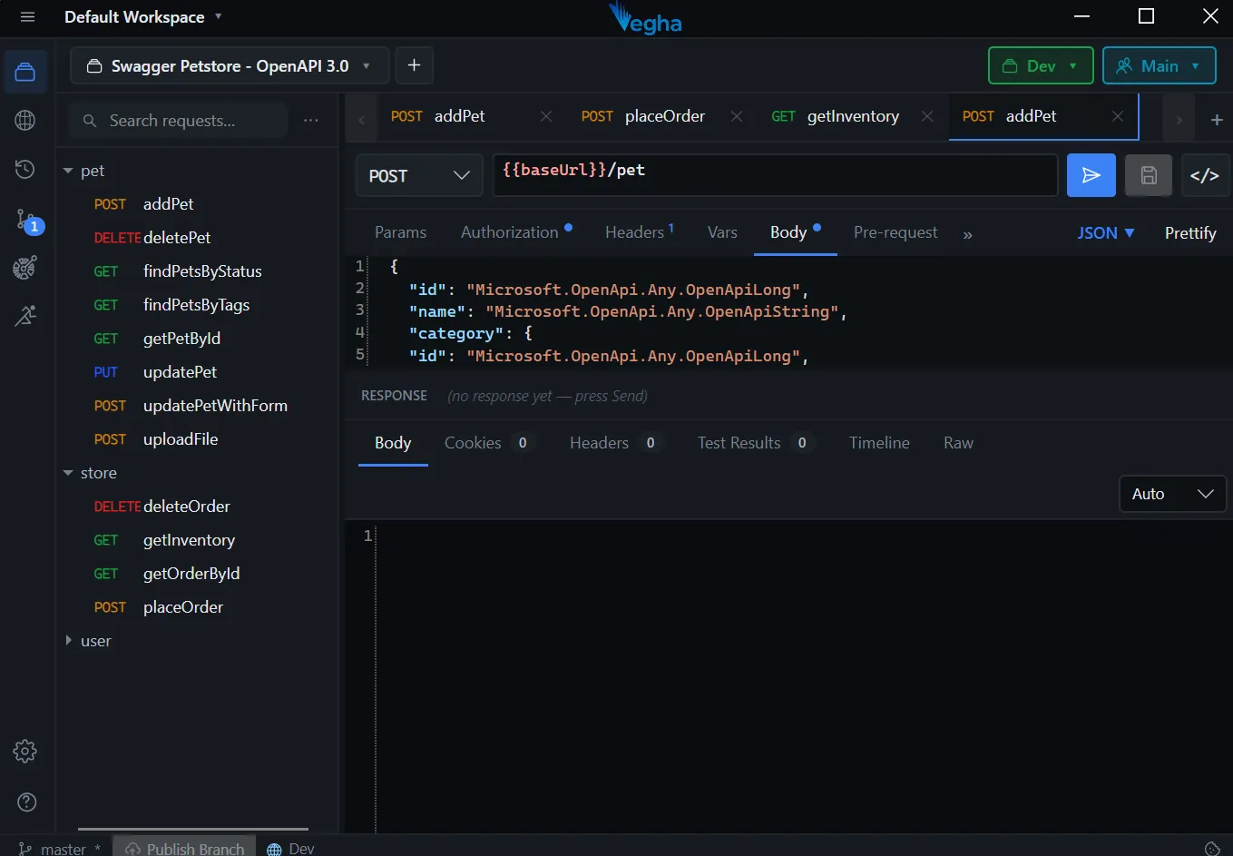 The Vegha desktop app with a Swagger Petstore OpenAPI collection open and a POST addPet request ready to send