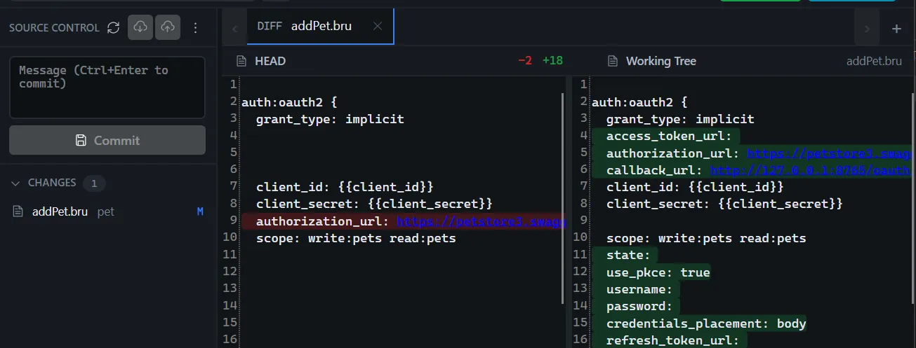 Vegha's git diff view — a side-by-side comparison of HEAD and the working tree for a .bru request file